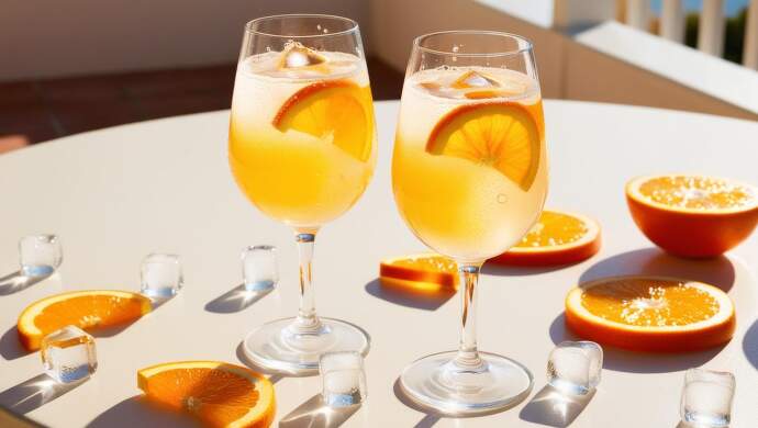 vygeneruj mi obrázek drinku z pomerančové šťávy a prosecca. Na obrázku budou dvě skleničky ozdobené plátkem pomeranče na stole, s ledem a drinkem uvnitř. Skleničky budou orosené, Vše by mělo být vkusně naaran