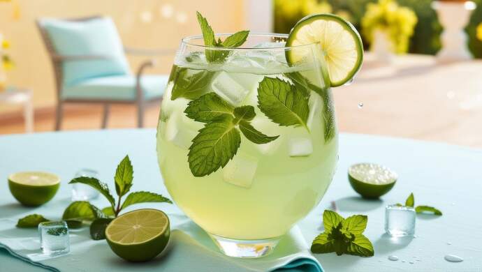 vygeneruj mi obrázek nealko mojito drinku ve velké sklenici na víno. Sklenice bude balónová. Drink bude ozdoben mátou a plátkem limety, sklenice orosená. Vše by mělo být vkusně naaranžované na stole ve světlý