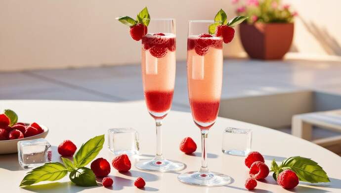 vygeneruj mi obrázek nealko drinku ve kterém se smíchá malinové pyré s proseccem. Sklenice bude dvě, vysoké flétnovité, moderní. Drink bude ozdoben čerstvými malinami, sklenice orosená. Vše by mělo být vkusně